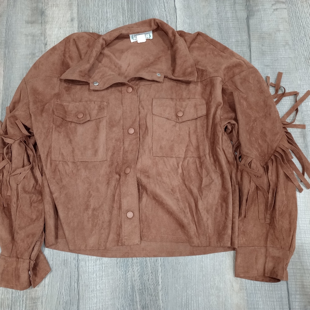 Brown suede like jacket with fringe brand new